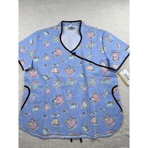 Adar Uniforms Women's XL Mock Wrap Scrub Top Tea Party Cups Tea Pots Print New